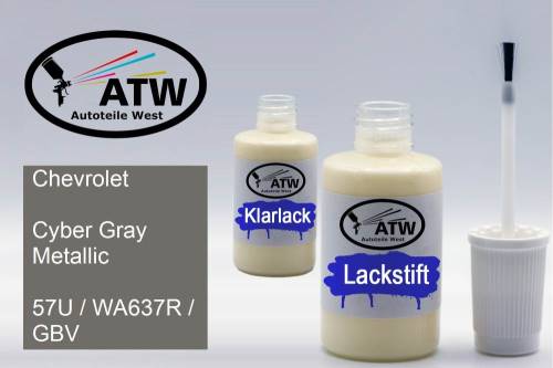 Chevrolet, Cyber Gray Metallic, 57U / WA637R / GBV: 20ml Lackstift + 20ml Klarlack - Set, von ATW Autoteile West.